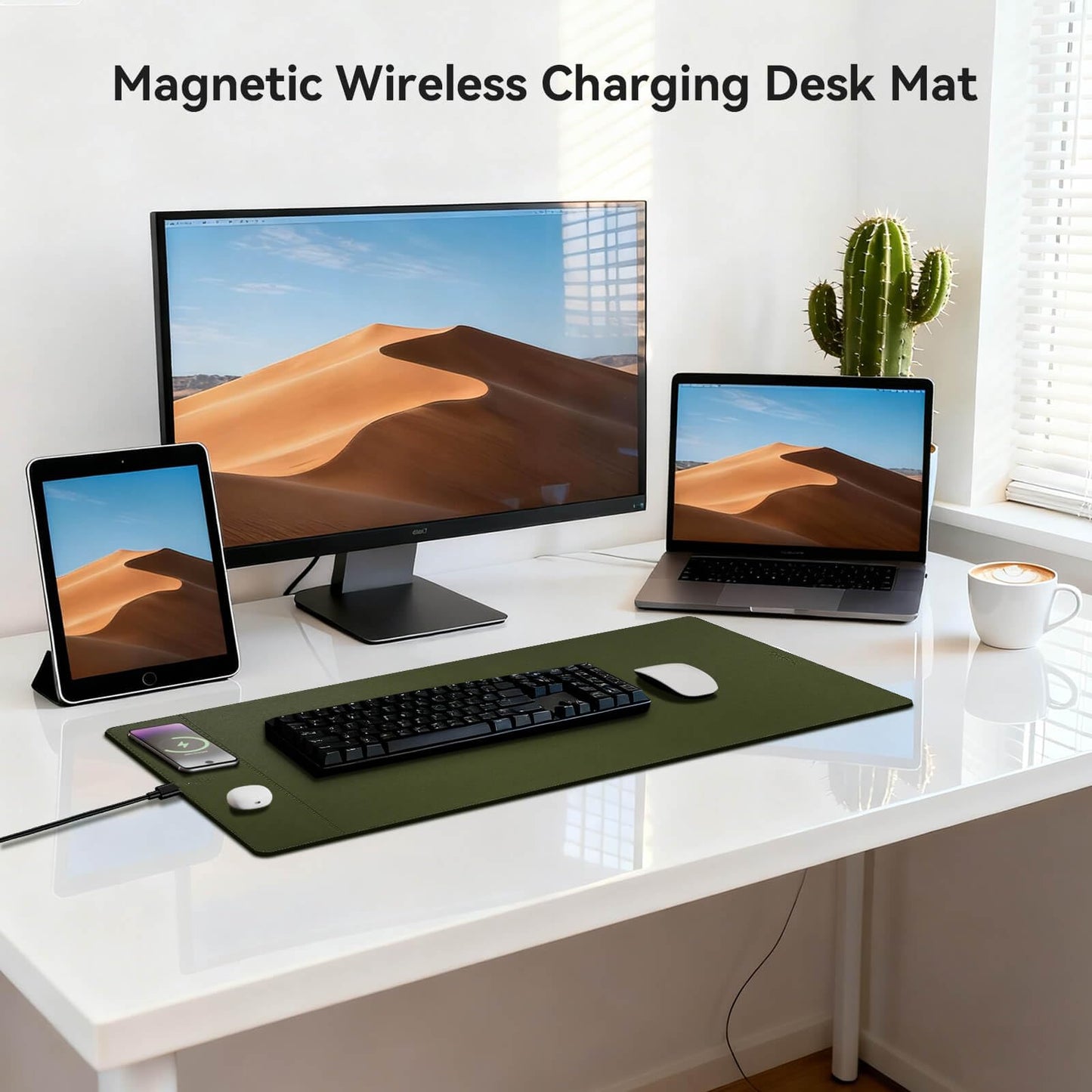 Hi-HONX Wireless Charging Mouse Pad, 15W Fast Charge Magnetic Charger Desk Pad, Large Office Desk Mat (35.4"x16.9") with Ultra-Smooth Surface, Military Green Computer Mousepad for MacBook, PC, Laptop
