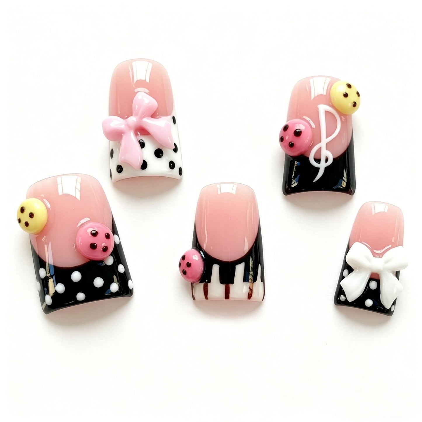 Handmade Acrylic Press on Nails Short Duck Nails Press on with Musical Note and Bow Designs Reusable Square Fake Nails Luxury Cute Holiday for Women (Size M）