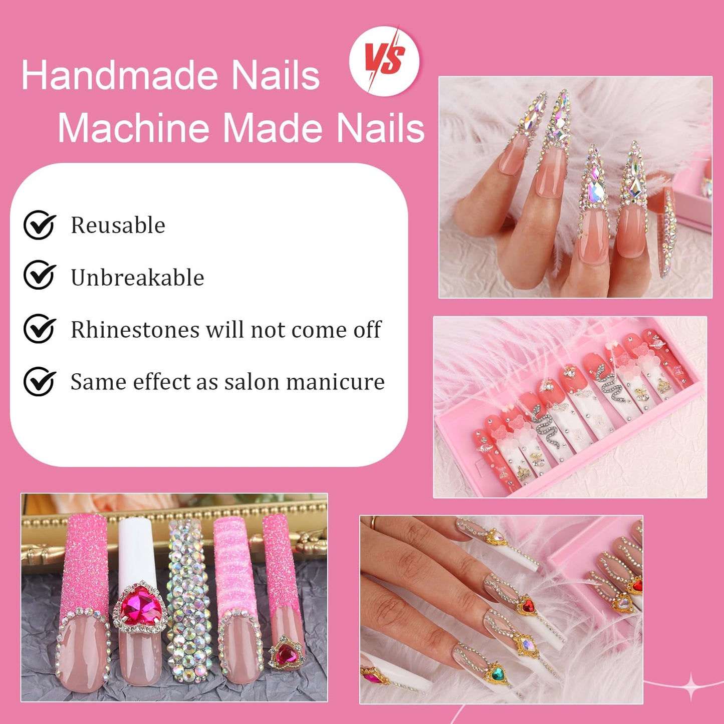 Handmade Long Acrylic Nail Tips, Pink Press on Nails with Full Covered Crystals, Fake Luxury Diamond Nails, Long Square False Nails, Gifts for Women, Reusable Stick On Nails 10Pcs,Bluish pink Size L
