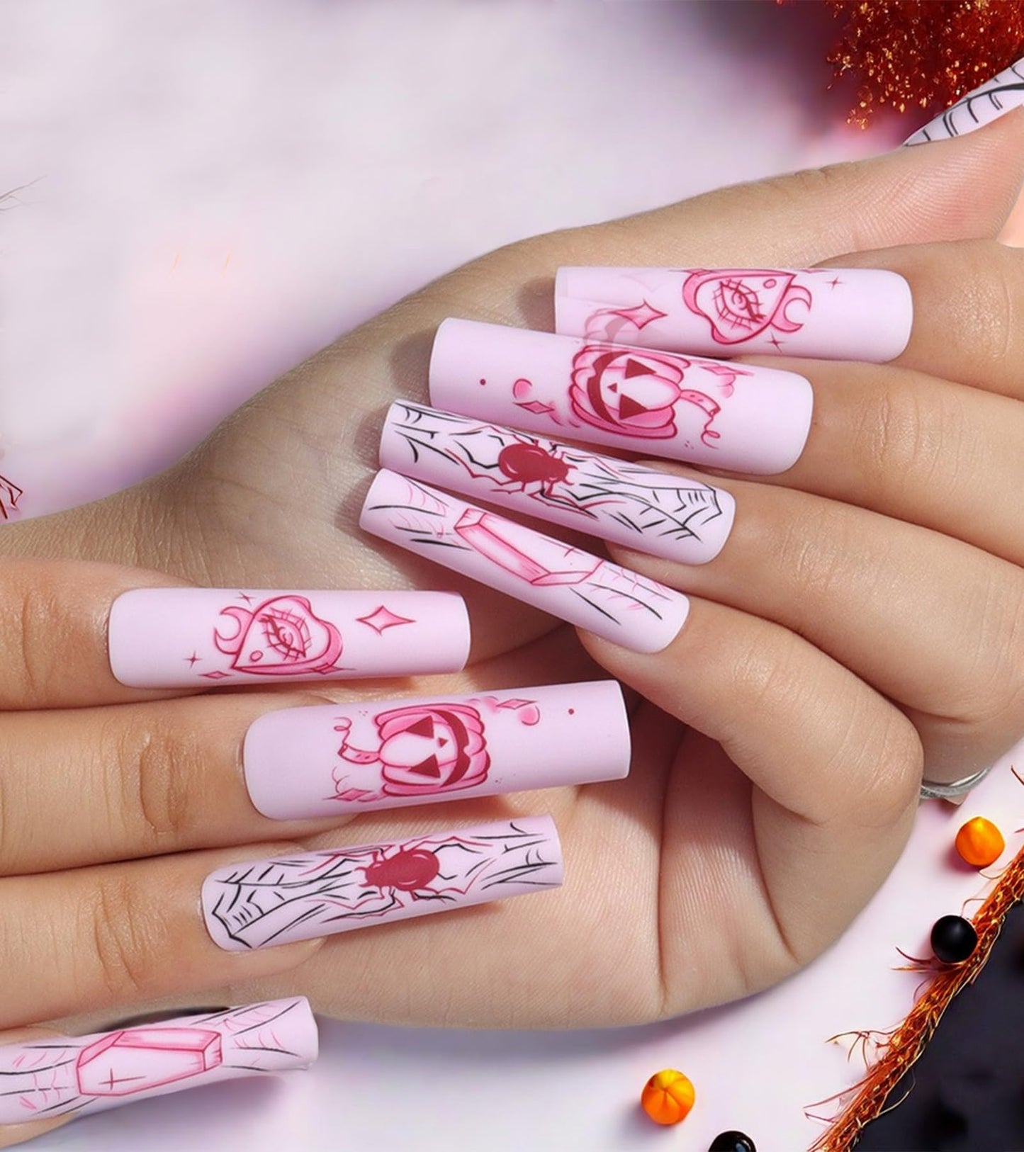 Press on Nails Extra Long - Aegenacess Square Press On Nails with Spooky Pumpkin Spider Web, Light Purple Matte Fake Nails with Glue Sticker, Handmade 24 pcs Stick On Nails False Nail in 12 Sizes