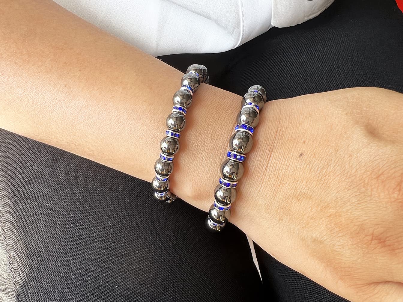 Apocalyptic-K Women's Magnetic Bracelet，Hematite Bracelets，Magnetic Bracelets With Zirconia,Handmade Stretch Bracelet，Eliminates static electricity. (Blue Zirconia，8MM)