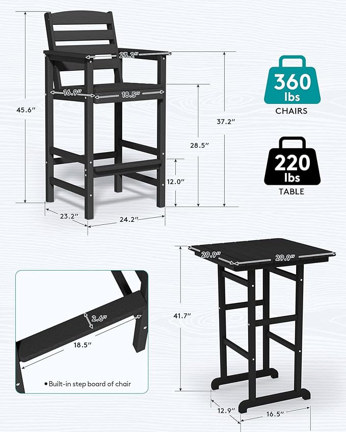 SERWALL 4 Pieces Outdoor Patio Bar Set with 9ft Umbrella, Outdoor HDPE Barstool and Table Furniture Set with Patio Umbrella, Black