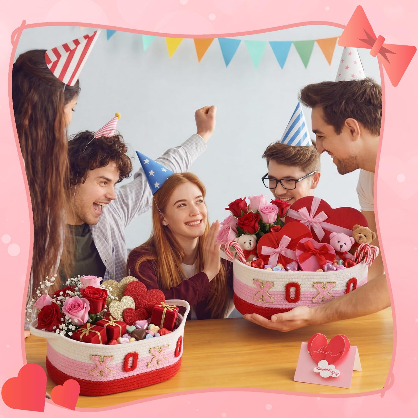 8 Set Valentines Day Gift Basket Woven Empty Basket with Cellophane Bags Pull Bow Greeting Card & Letter Stickers Empty Decorative Gifts Chest Box with Handles for Party Favors Baby Shower (Small)