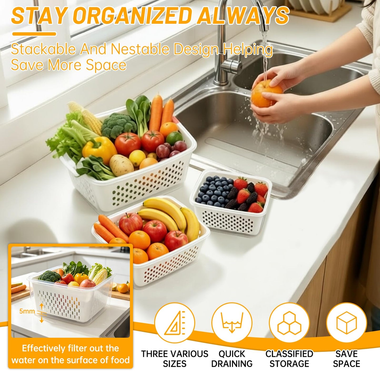 IKKAB 3 Pack Fruit Storage Containers for Fridge with Removable Colander, Airtight Produce Storage Containers for Fridge, 4-in-1 Fruit and Vegetable Storage, Berry Keeper, Stackable Veggie Containers