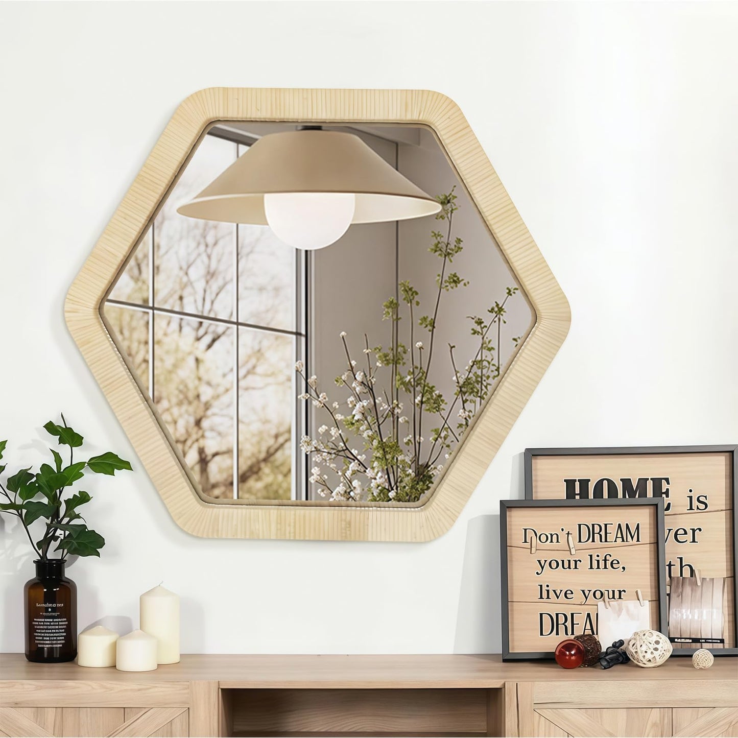 ULIKE Rattan Wicker Mirror for Wall,Boho Woven Bathroom 30 Inch Rustic Farmhouse Wall Decor with Handmade Rattan Frame, Boho Mirror for Nursery Bedroom Living Room Entryway