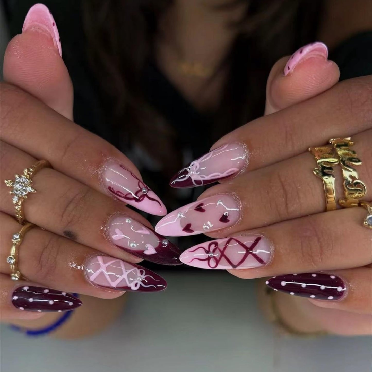 octoswave Press on Nails Medium Almond Fake Nails Cute French Artificial Nail Sweet Love and Bow Stick on Nail for Women 24pcs