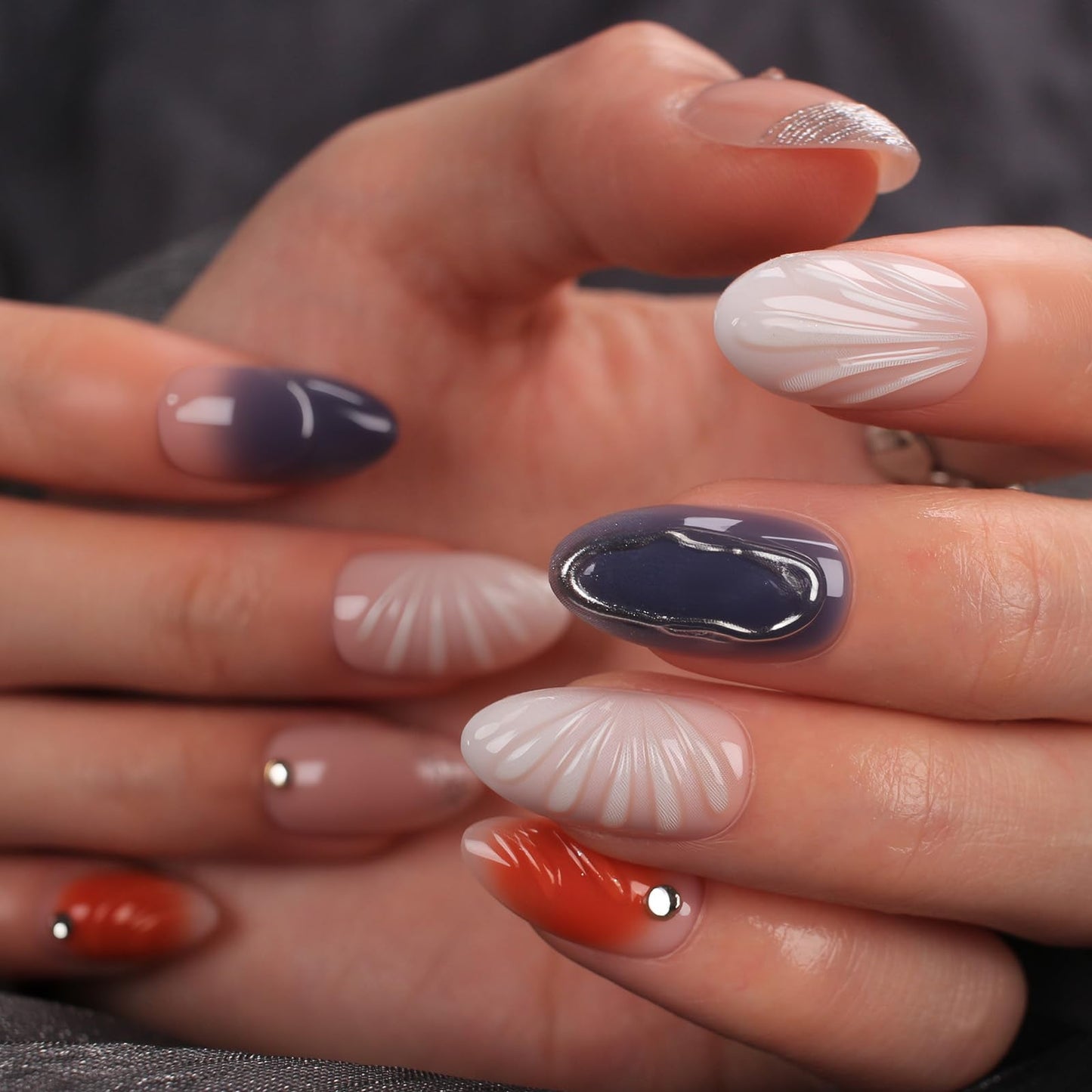 Mivota 3D Nude Almond Press on Nail Short Fake Nails with Silver French Tip False Nails, 3D Silver Lines Design Artificial Acrylic Nail Press ons Reusable Almond Nail Glue on Nails for Women