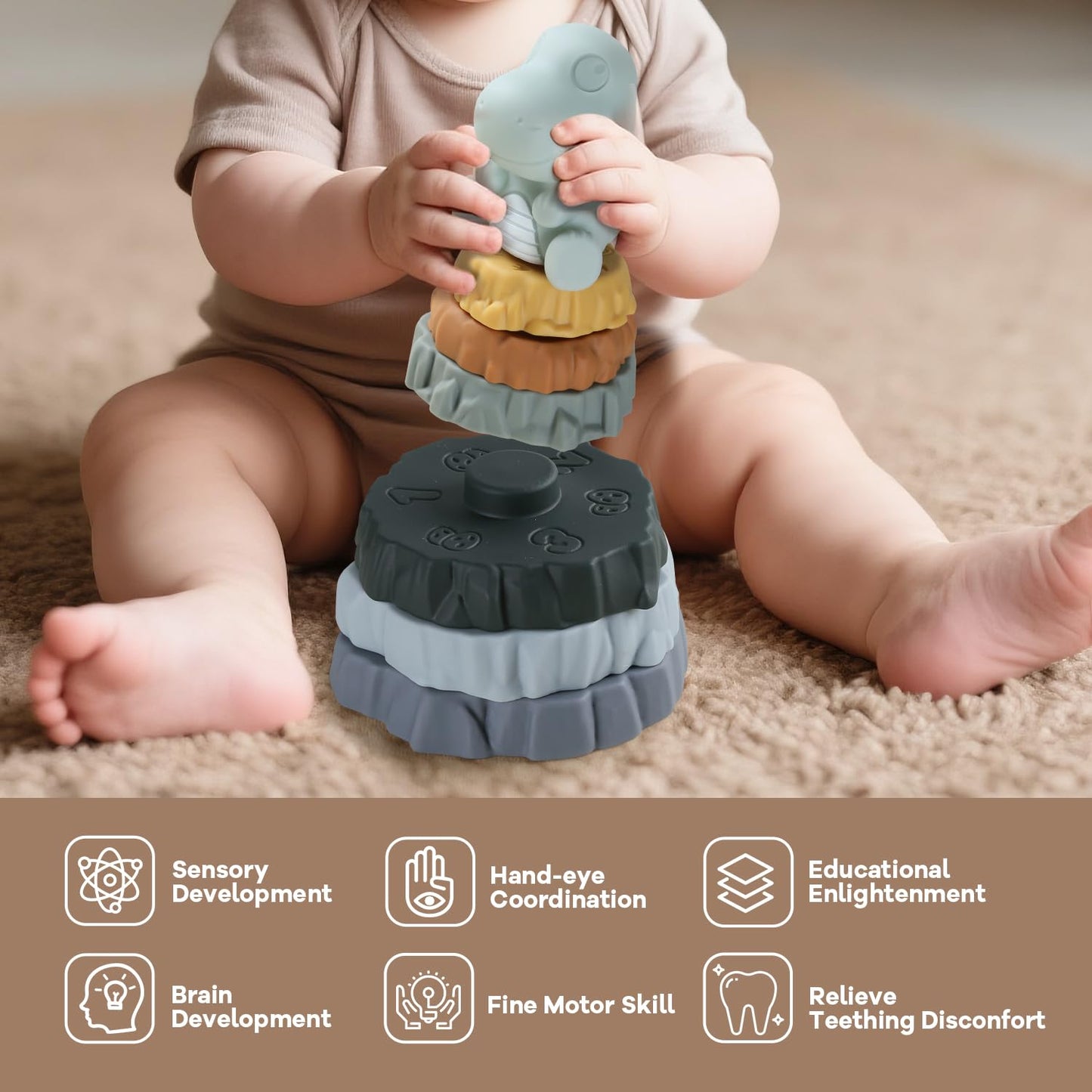 Yrkidstoi Stacking & Nesting Baby Teething Toy, 7 Pcs Soft Building Rings Stacker Toys with Dinosaur Figure, Newborn Essentials Sensory Learning Toys for 6+ Months Infant Toddler Boys Girls