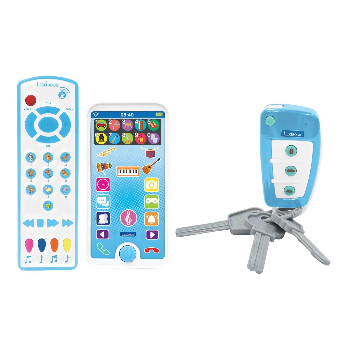 LEXiBOOK, Educational and Musical Set with Telephone, Remote Control and Key Ring, Imitation Game for Toddlers, Explore Animals, Musical Instruments and Everyday Objects, PS125