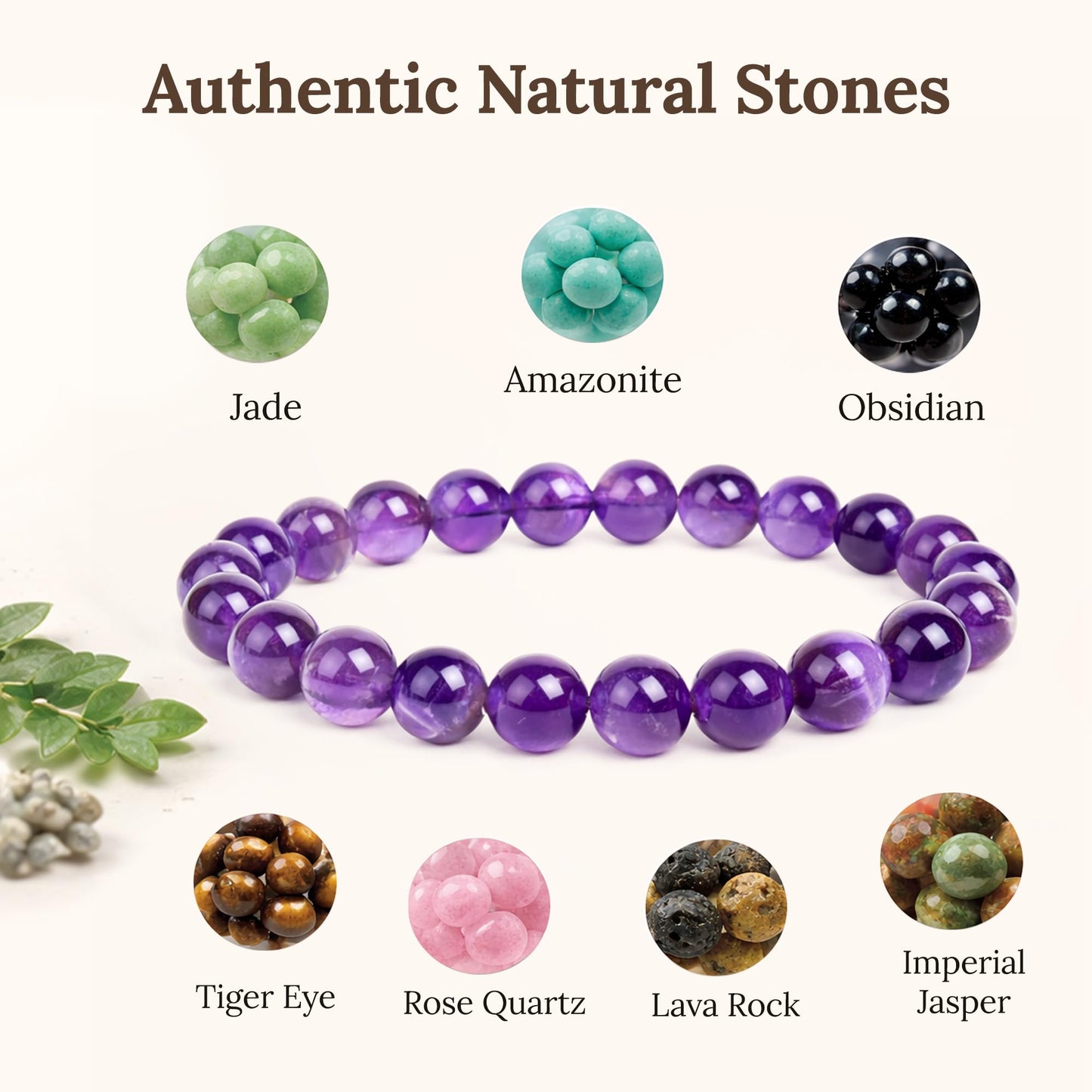 Elm City Direct 8mm Natural Stone Beaded Bracelet – Unisex Crystal Stretch Bracelets for Men & Women, Chakra & Healing Jewelry, Gift-Ready Beaded Bracelets (Amethyst, 8mm)