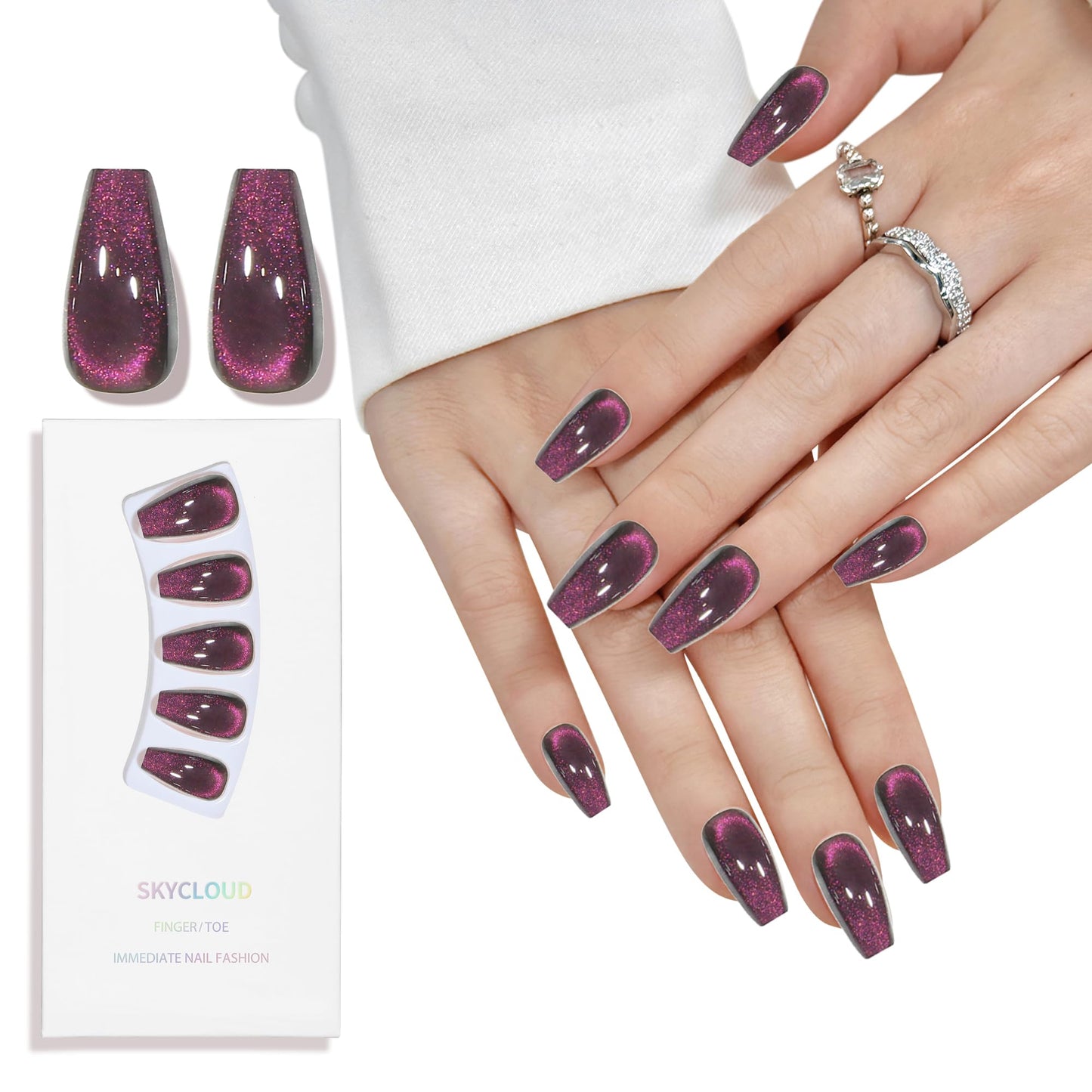 Purple Cat Eyes Press On Nails for Women Girls, 12 Size-24 Pcs Purple Medium Coffin Fake Nails, Skycloud Reusable Stick On False Nails SK0721