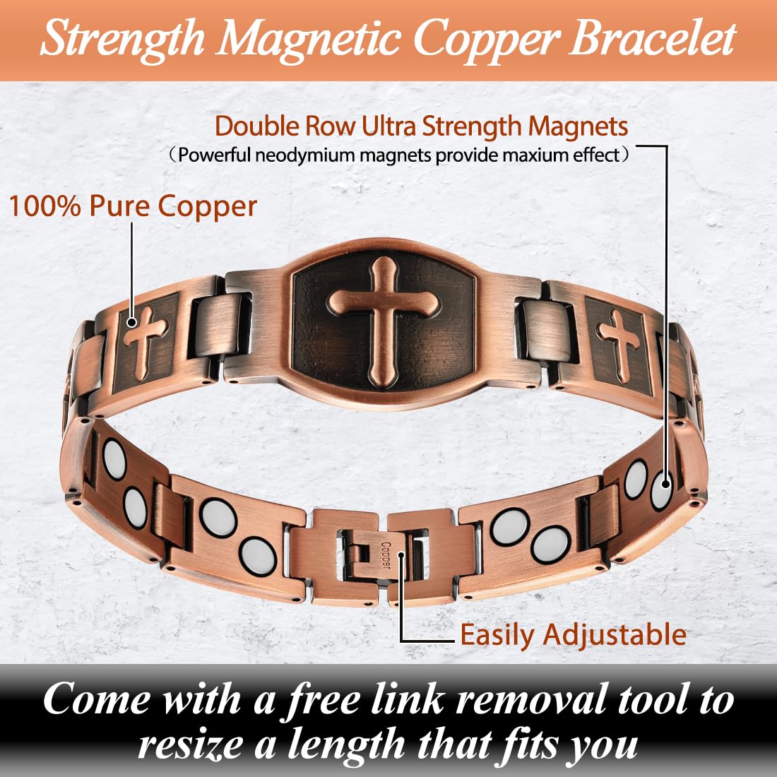 Cigmag Copper Bracelet for Men Double Row Ultra Strength Magnets Pure Copper Magnetic Bracelet & Ring with Adjustable Sizing Tool (Cross)