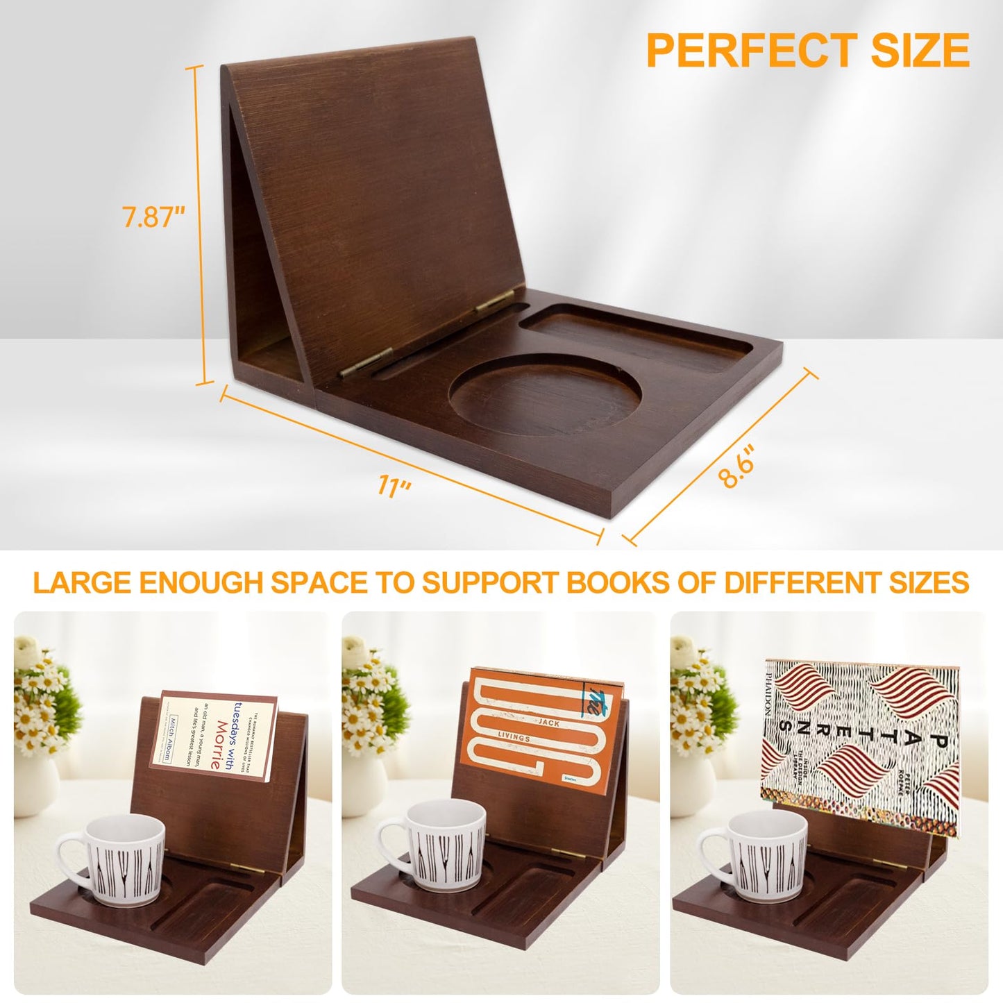 Book Reading Nook Valet with Cup Holder - Wooden Triangle Nightstand Book Stand Holder for Page Rest
