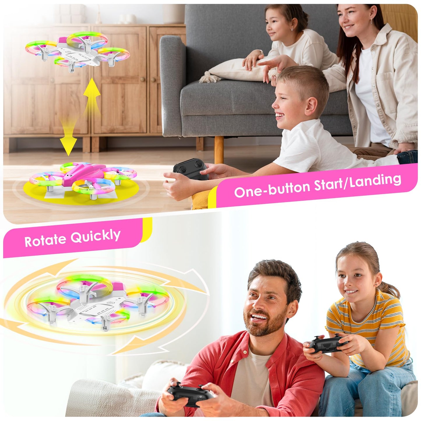 Drone for Kids with LED Light | Lisoco Indoor RC Drone with 360 Flip | 2 Batteries | Easy to Fly Mini Drone for Girls Boys Beginners | Flying Toy Gift (Pink)