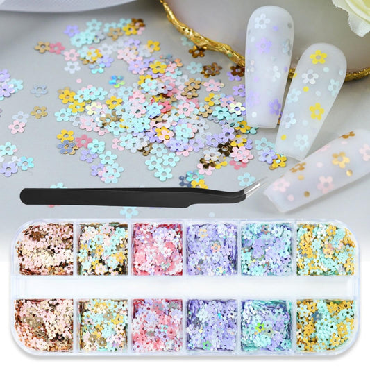 1 Box 6 Color Holographic Flower Nail Glitter Laser Aurora Pink Nail Sequins 3D Blue Purple Nail Flakes Sparkly Powder Flakes Shiny Nail Glitter Colorful Nail Sequins Glitter for Nails Art 12 Grids
