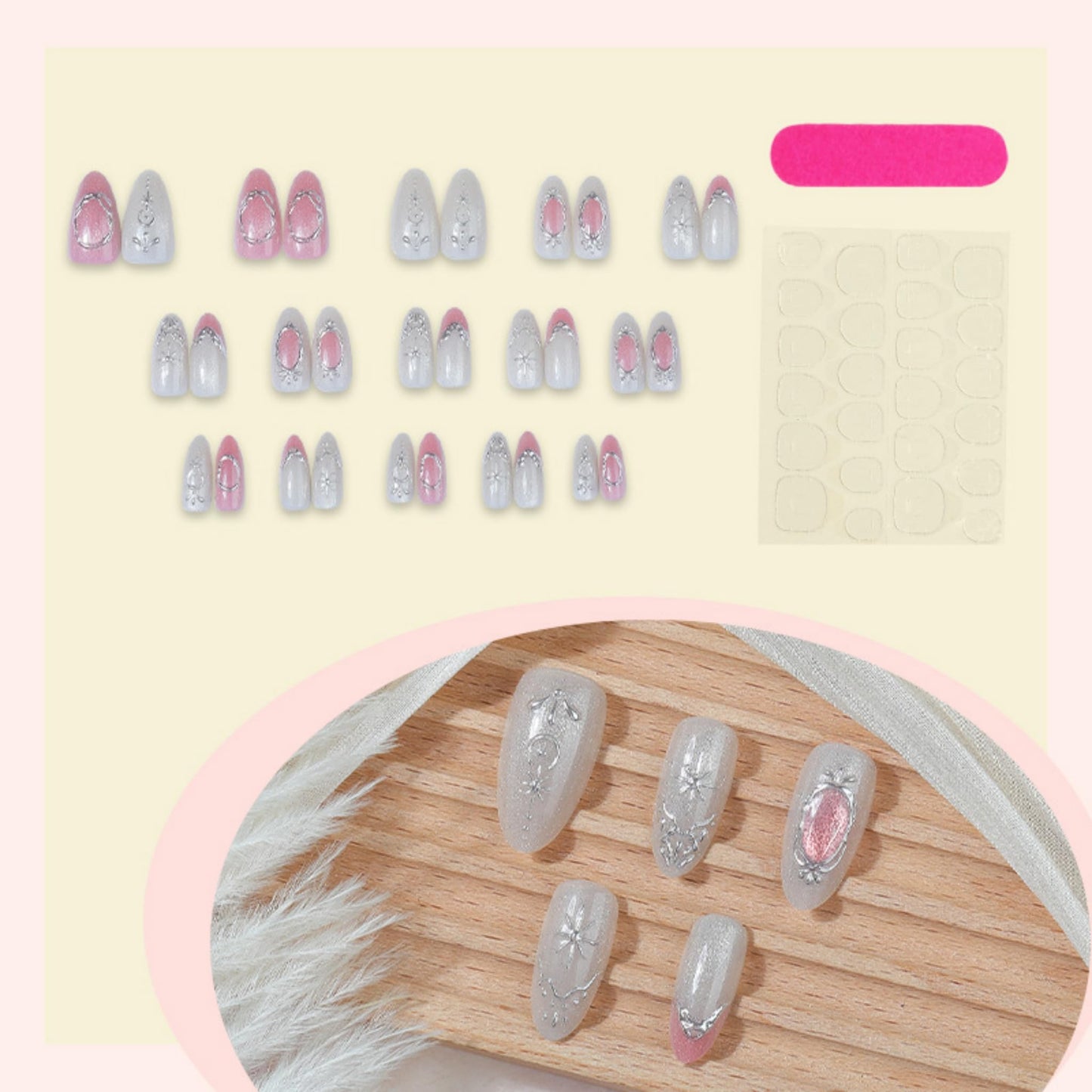 Almond Press on Nails Long Fake Nails Pink Acrylic Nail Press ons SEENEEY Silver Charm Designs Cat eye Stick on Nail for Women 24pcs