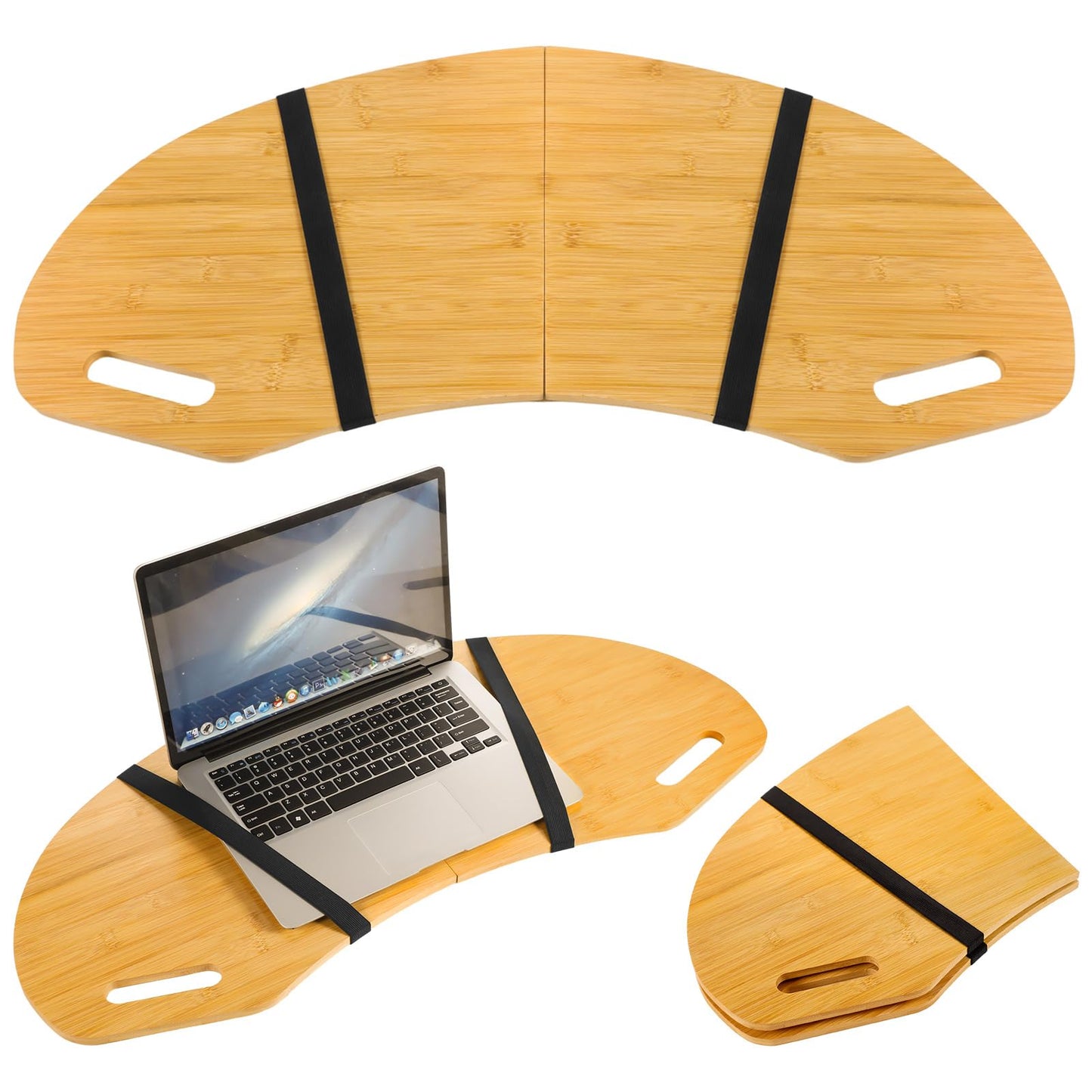 GlikCeil 29.5" Wood Curved Lap Desk Table Tray with Handles Wooden Foldable Desk Curved Bed Lap Board Keyboard Tray for Laptop Computer Mouse(Wood Color)
