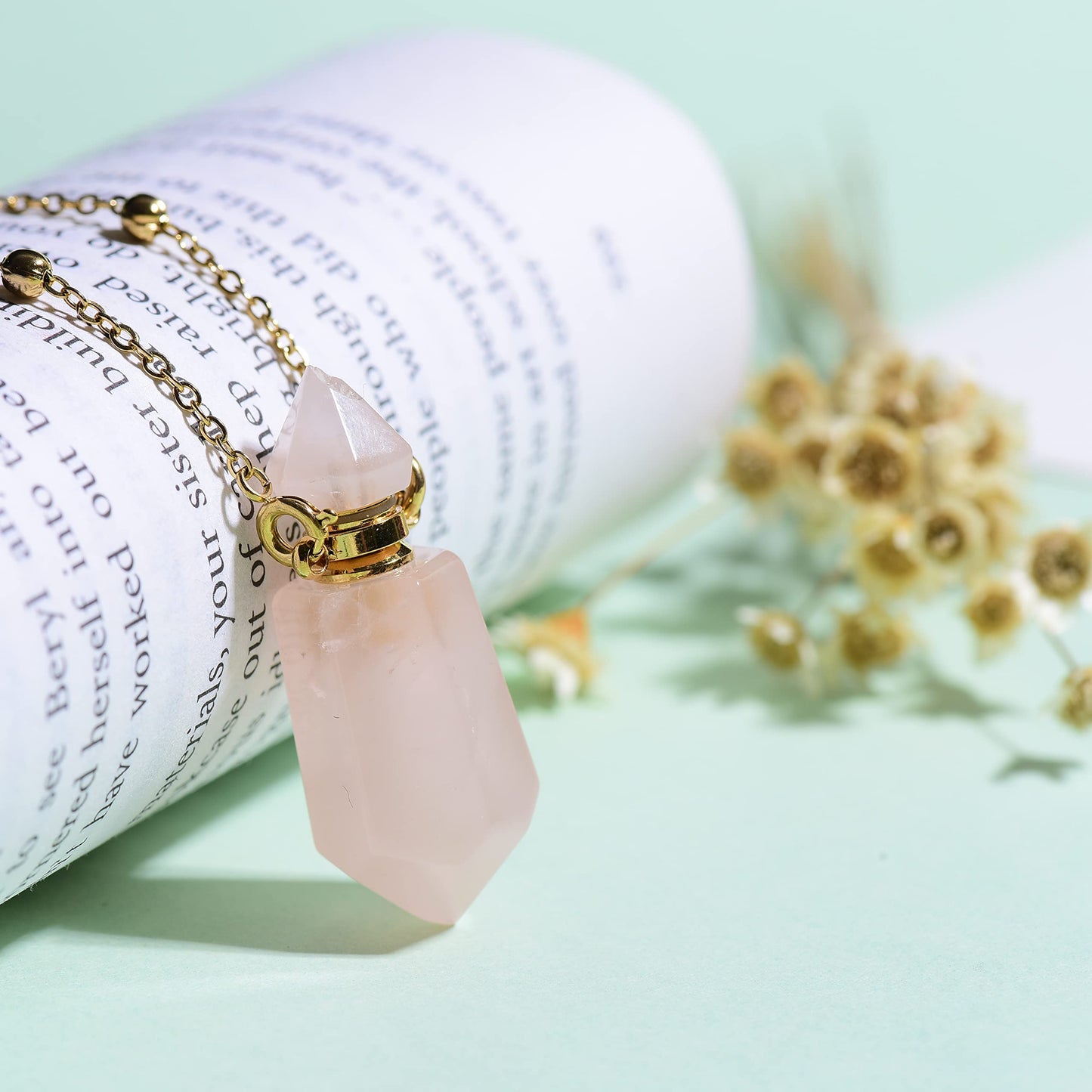 QIQIXIN Rose Quartz Perfume Bottle Necklace Aromatherapy Necklace Hexagonal Pointed Essential Oil Diffuser Necklace for Women Vial Necklace (rose quartz)
