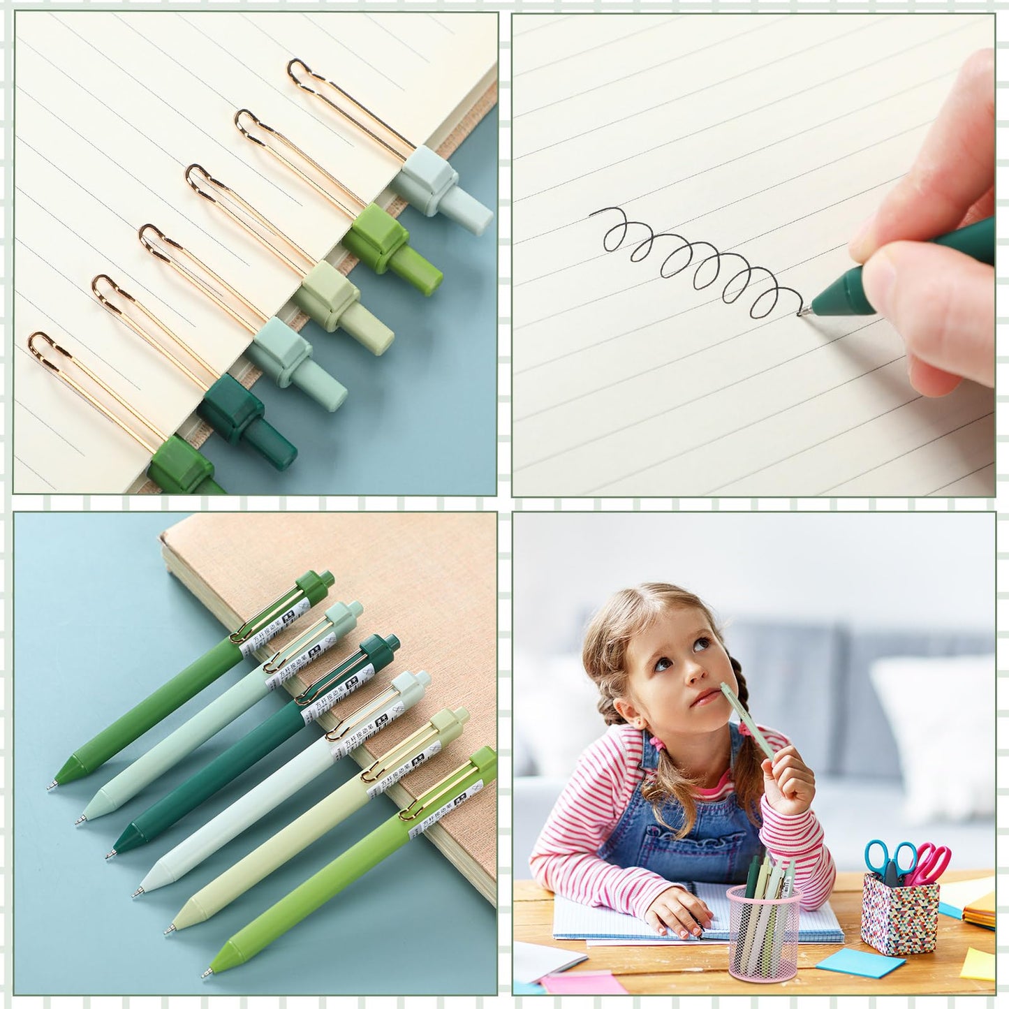 Resurhang Aesthetic Stationery Set Supplies Sticky Notes Set 6 Mini Correction Tapes 6 Retractable Black Ink Pens 0.5mm Fine Point Paper Corrective Pen Self Stick Index Tabs(Green)