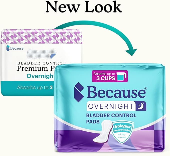 Because Incontinence Pads for Women - Extra Heavy Absorbency, Overnight Postpartum Incontinence Liners, 12hr Nighttime Leak-Free Protection, 6 Packs of 20 Count (120 Total)