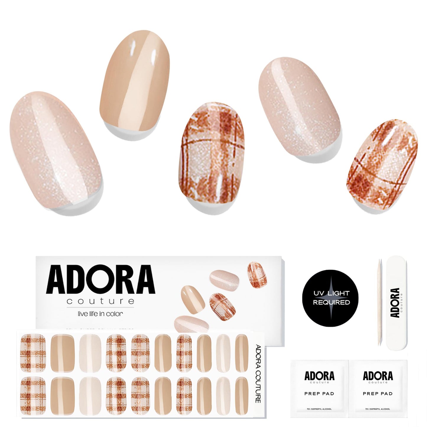 Adora Couture Semi-Cured Gel Nail Strips - 20 Salon-Quality Gel Sticker with UV Light Required, Long Lasting, Easy Application & Removal, Includes Prep Pad, Nail File, Wooden Stick – Cafe Charm