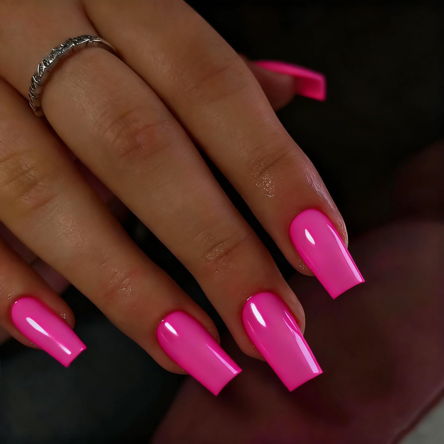 SXVME Press On Nails Long Square - Hot Pink Press on Nails with Glue for Women, Bright Fake Nails Press ons Medium, Glossy Soft Gel Glue on Nails Coffin, Reusable Nail Stick Ons, Fushia 24 Pcs