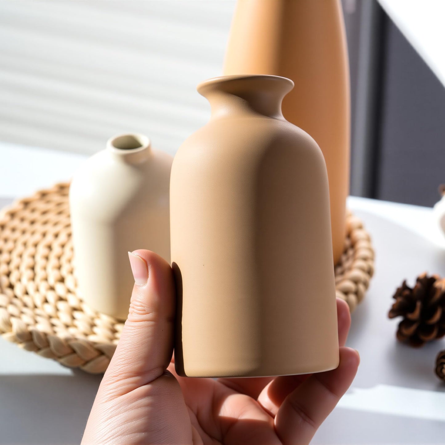 OUWEDW Ceramic Small Vase Set of 3,Modern Boho Farmhouse Home Decor,Pampas Grass Vase,Minimalist Decor,for Entryway Table,Bookshelf,Living Room, Bedroom,Kitchen,Coffee Table Decoration