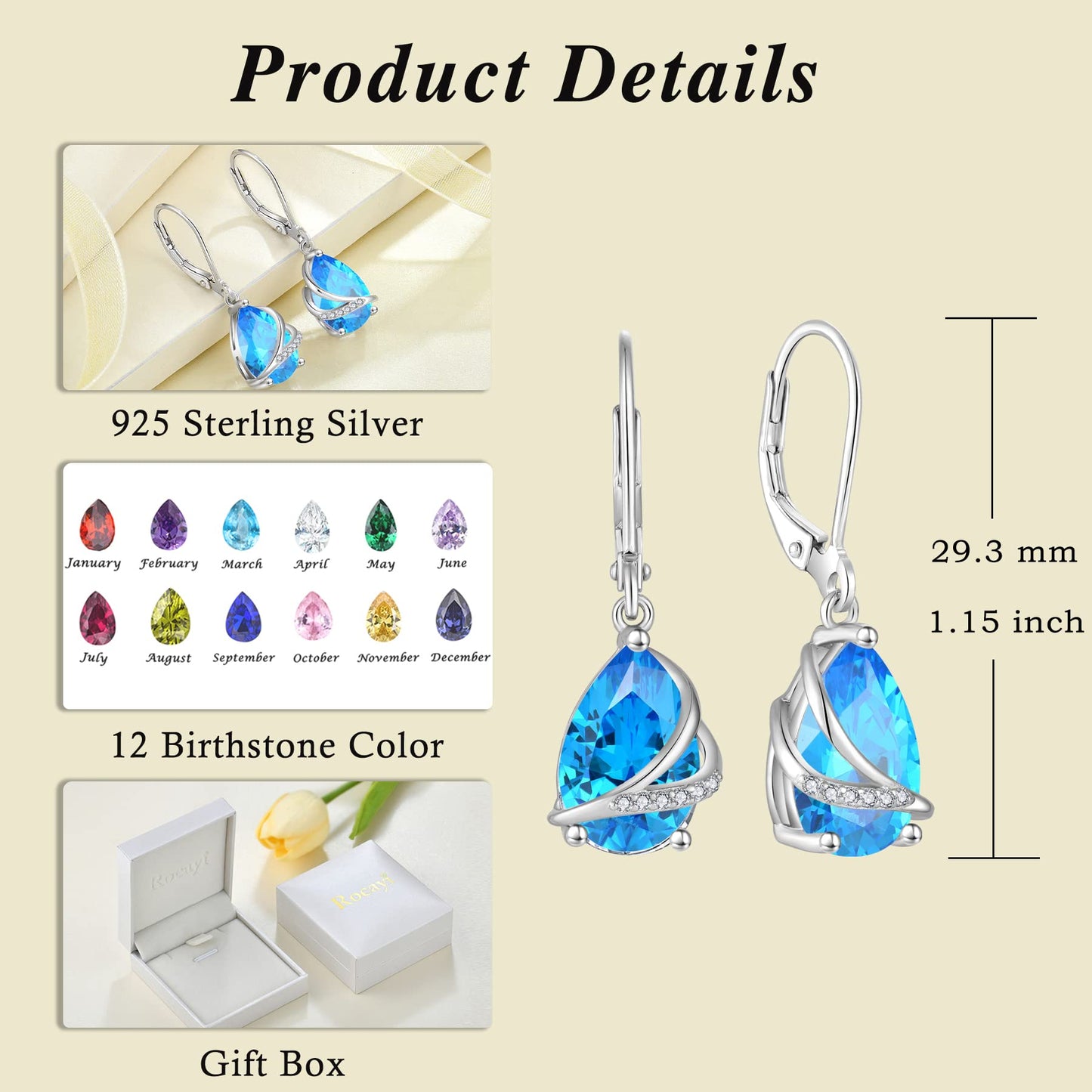 Rocayi Teardrop Aquamarine Earrings 925 Sterling Silver Dangle Drop Earrings March Birthstone Jewelry for Women