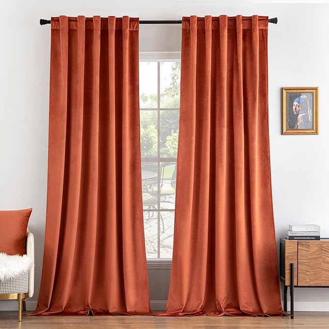 MIULEE Velvet Curtains 66 Inch Wide - Extra Wide Luxury Room Darkening Curtains for Sliding Door Bedroom Living Room Thermal Insulated Drapes Back Tab, Fall Burnt Orange, W 66 x L 96 inch 2 Panels