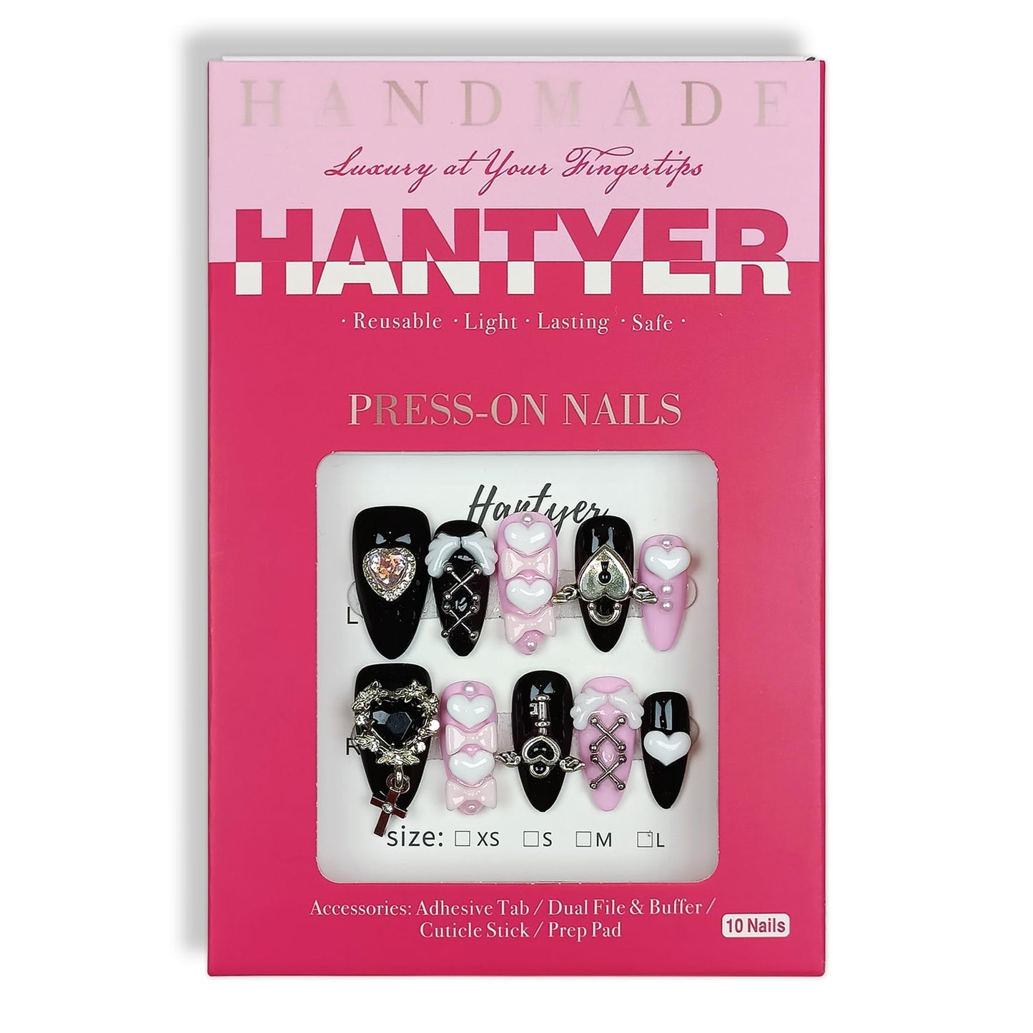 Hantyer 10Pcs Y2K Press on Nails with Tools Kit, Medium Almond Glossy Nails in Pink & Black, Handmade Nails with 3D Metal Charms (Heart/Cross) & Rhinestones, Edgy Punk Style for Women(Size M)