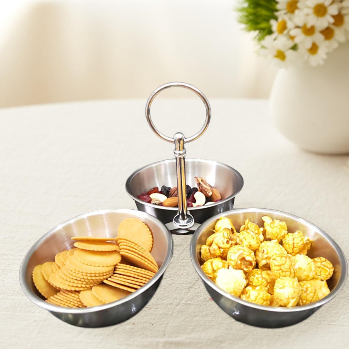 YWJLQH Snack Serving Bowl, 3 Compartment Stainless Steel Snack Stand with Bowls, Divided Serving Tray for Candy Dessert Snacks, Silver