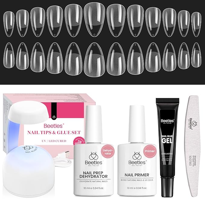 Beetles Gel Nail Kit Short Almond Gift Spree, with Dehydrator and Primer, 576Pcs Half Matte Etch-X Gel Nail Tips Solid Nail Glue Mini Lamp Acrylic Tips Easy DIY Extension Set Gift for Women