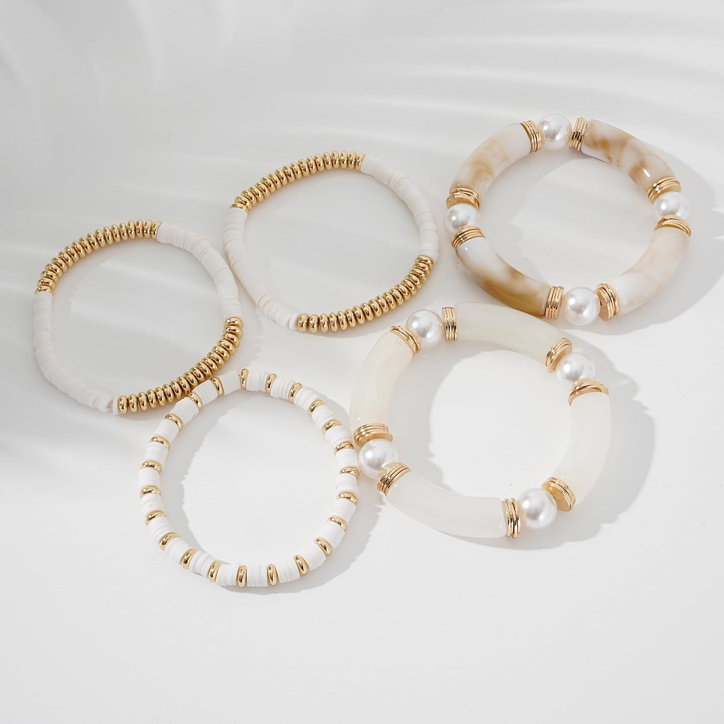 GOOJIDS Chunky Simple Beaded Gold Plated Bangles Bracelet Bamboo Tube Curved Stacking White Acrylic Colorful Beads Stretchable Gold Plated Bracelets Set For Women