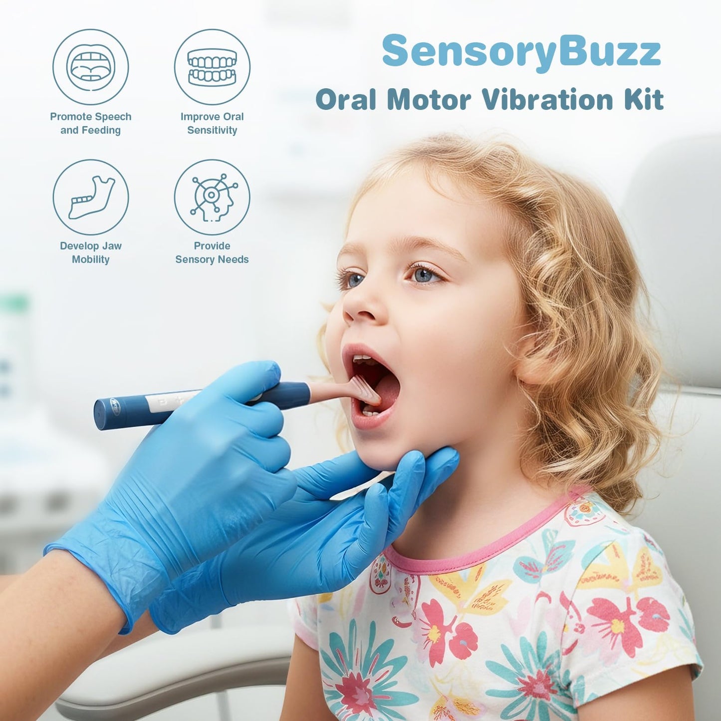 Joyreal Rechargeable SensoryBuzz Oral Motor Vibration Kit with 7 Textured Silicone Heads - 4 Modes Vibrating Teether Autism Sensory Products for Speech Therapy, Stimulate Self Feeding, Sensory Needs