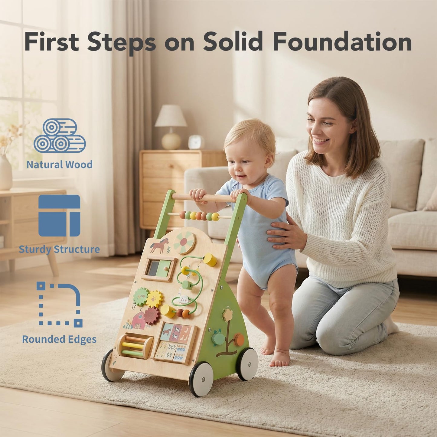DUMOS Wooden Baby Push Walker, Montessori Activity Toys with Adjustable Speed for 1 Year Old, Silent Rubber Wheels, Green