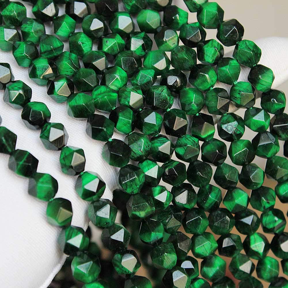 MJDCB Best Sellers Natural Stone Beads Faceted Polygon Green Tiger Eye Crystal Energy Stone Healing Power for Jewelry Making(8mm)
