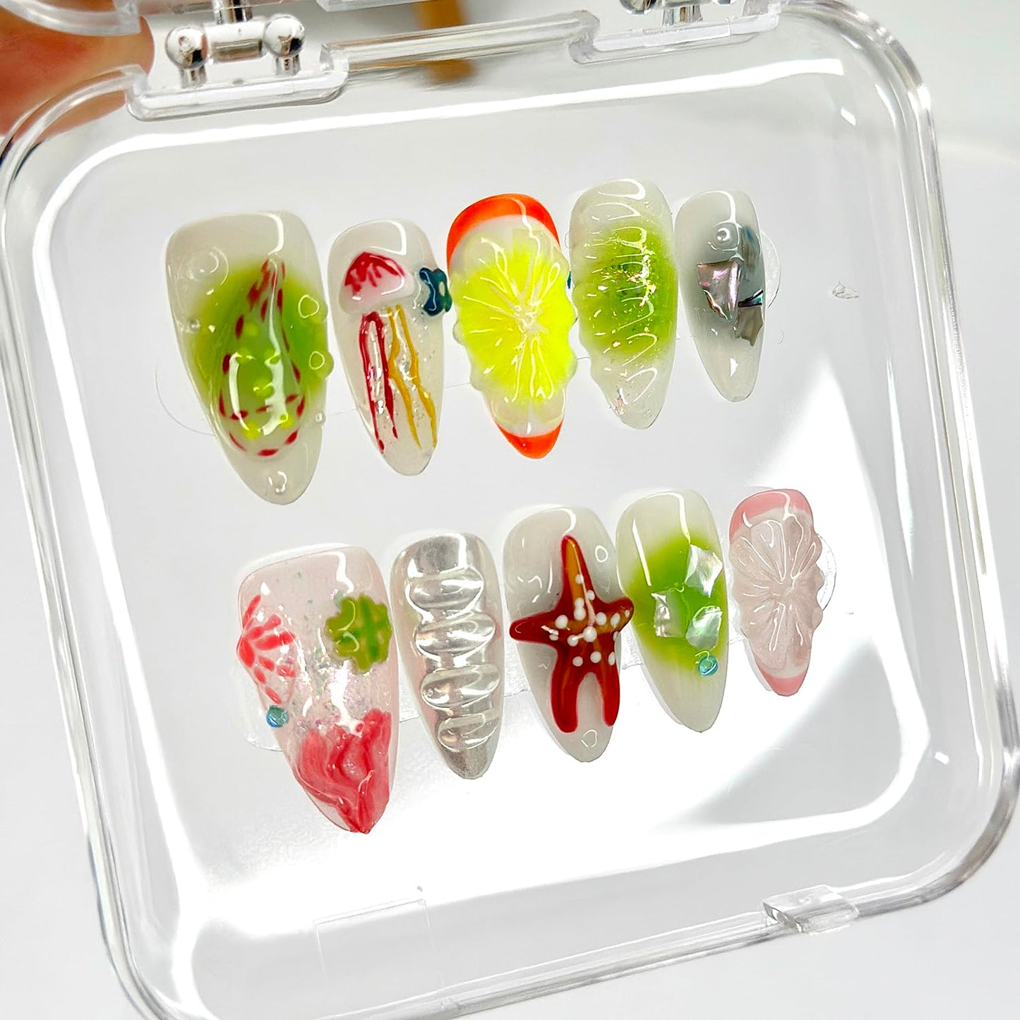 Luxury Press on Nails Medium Almond Handmade 3D Unique Reusable ABS Material Fake Nails French Tip False Nails with Designs Fruit Starfish Art Glossy Glue on Nails Thick Acrylic Nails(M)