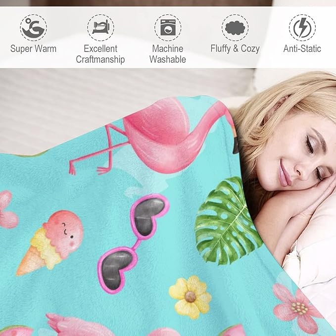 Flamingo Blankets Gifts - 40 x 50 Inches Cute Throw - Green Warm Furry Plush Flamingo Blankets for Couch