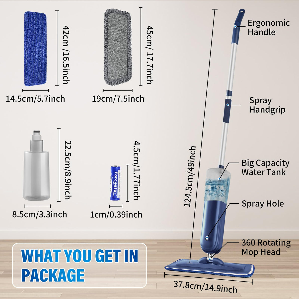 PowerMop Floor Mop with 720 ml Refillable Bottle & 2 Microfiber Pads