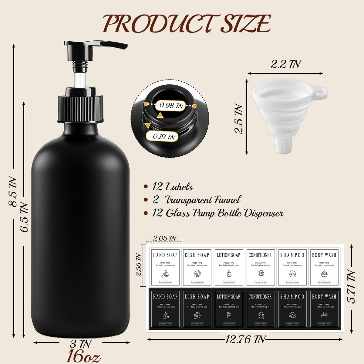 12 Pack 16oz Black Glass Soap Dispensers with Pump (12 Count)