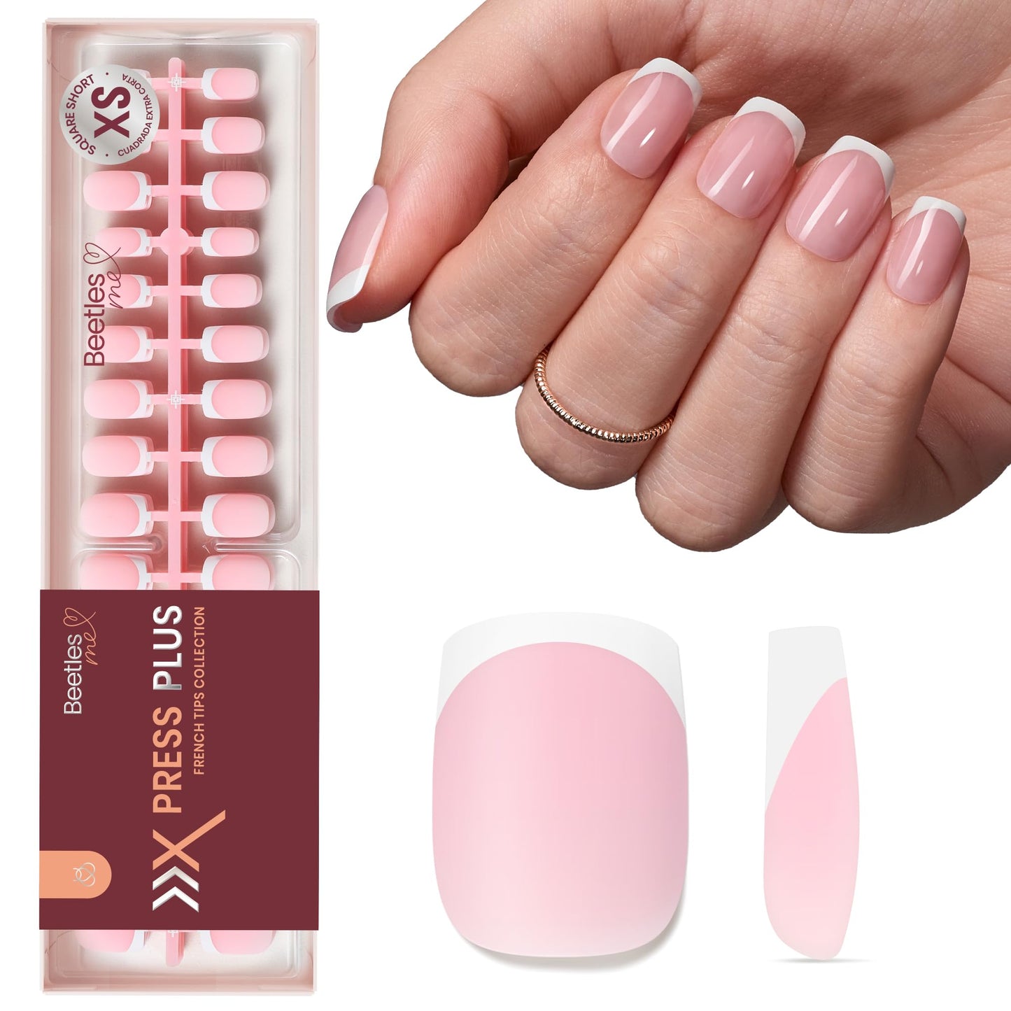 Beetles X Press Plus French Tip Nails - Peach French | Pink Extra Short Square Press On Nails | 15 Sizes 210 Pcs Natural Salon Quality Gel Nail Tips
