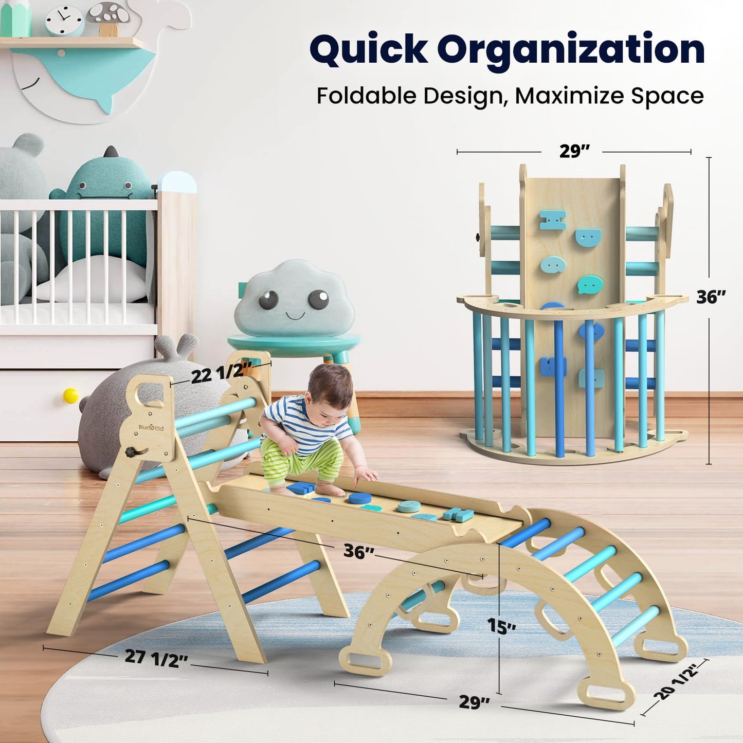 7-in-1 Foldable Wooden Toddler Climbing Toys, Foldable Wooden Playpen - Adjustable Wood Baby Play Yard