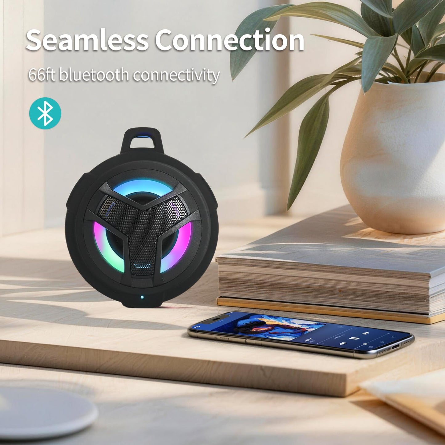 EBODA Bluetooth Shower Speaker, Portable Bluetooth Speakers, IP67 Waterproof Wireless Speaker with LED Light, Floating, 2000mAh, True Wireless Stereo for Kayak, Beach, Gifts for unisex -Black