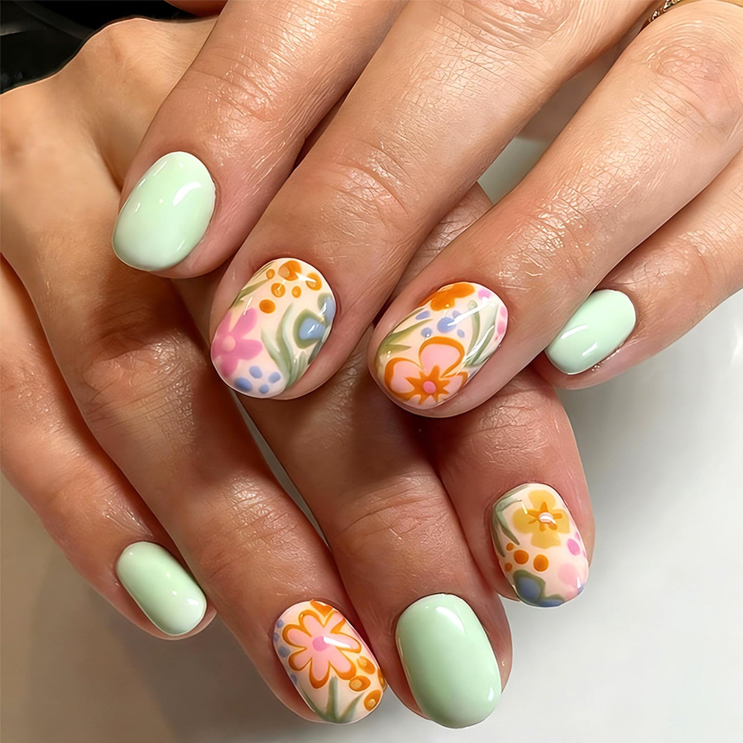 Sage Green Press on Nails Short Square Fake Nails with Cute Flowers Design Spring Summer False Nails Press ons Glossy Stick on Nail Reusable Artificial Glue on Nails for Women 24Pcs