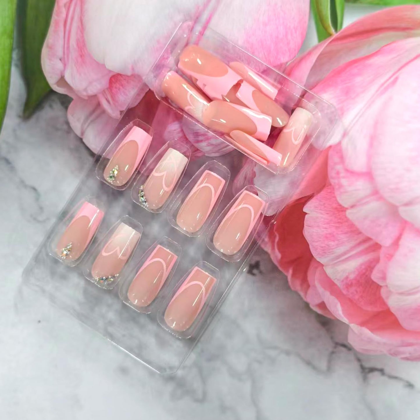 Heart Press on Nails Medium Square Artificial Acrylic Fingernails French Pink Tip False Nails Translucent Love with Rhinestones Valentines Stick on Nail Full Cover Glossy Glue on Nail for Women