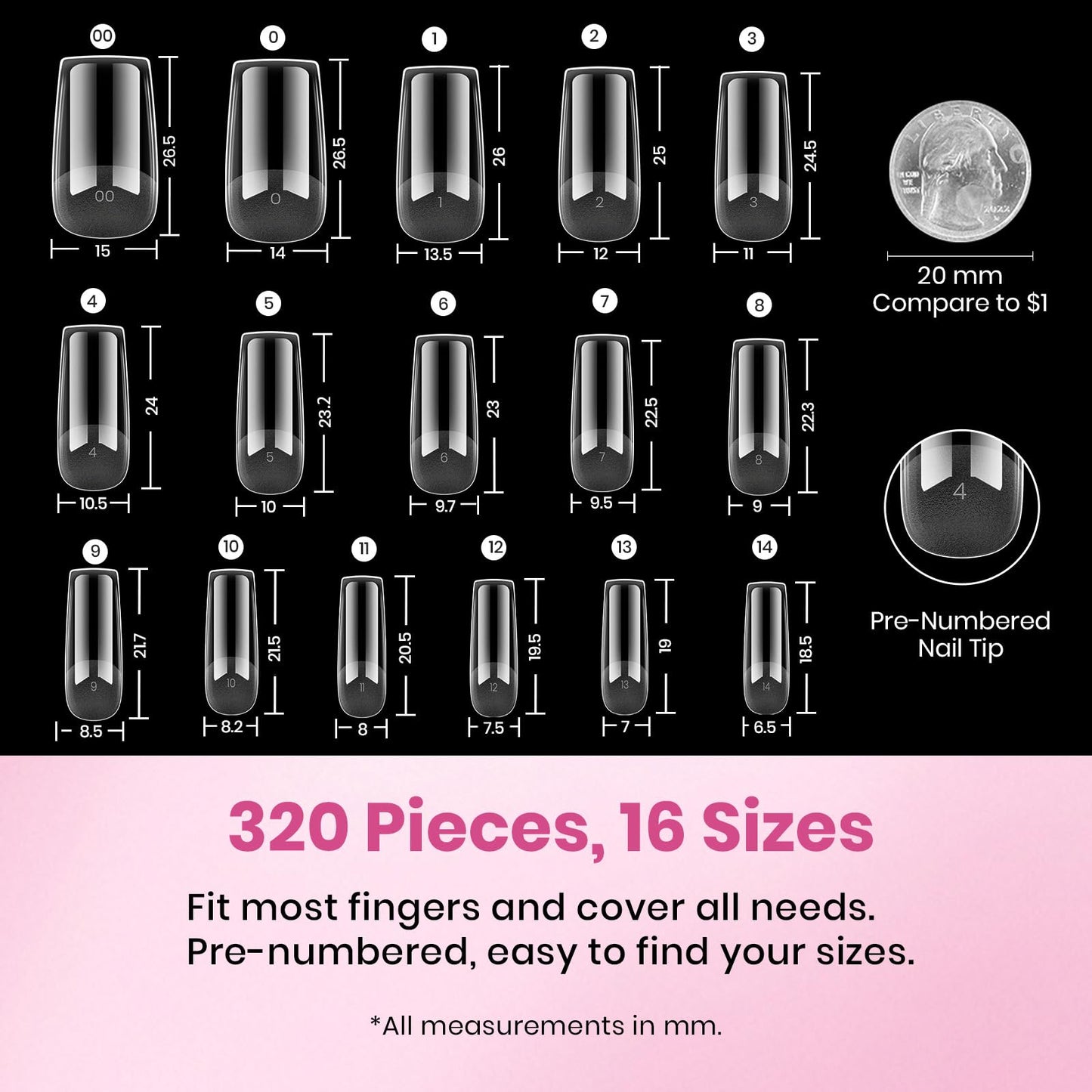 Beetles Gel Nail Tips Flat-X- Square Medium, 320pcs 16 Sizes(00-14), Pre-Etched Half Matte Full Cover Soft Gel Nail Tips, Clear Press on False Nail Extension Acrylic Fake Nails, Easy DIY Salon Art