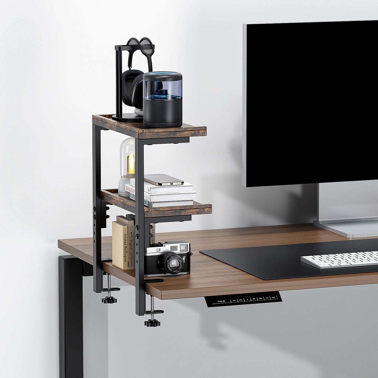 OUTIOE 2-Tier Desk Shelf, Expandable Under Desk Storage, Clamp on Desk Shelf, Desktop Accessories for Offices, Study Rooms, and Game Rooms (Wood)