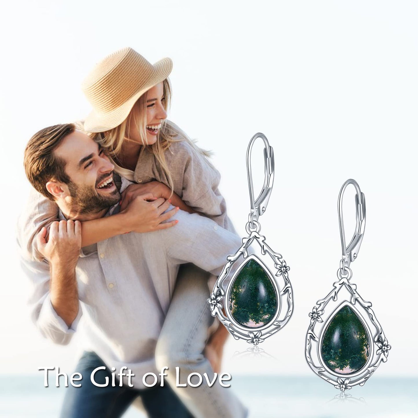 POPLYKE Moss Agate Green Gems Teardrop Drop Dangle Earrings Sterling Silver Leverback Earrings Jewelry