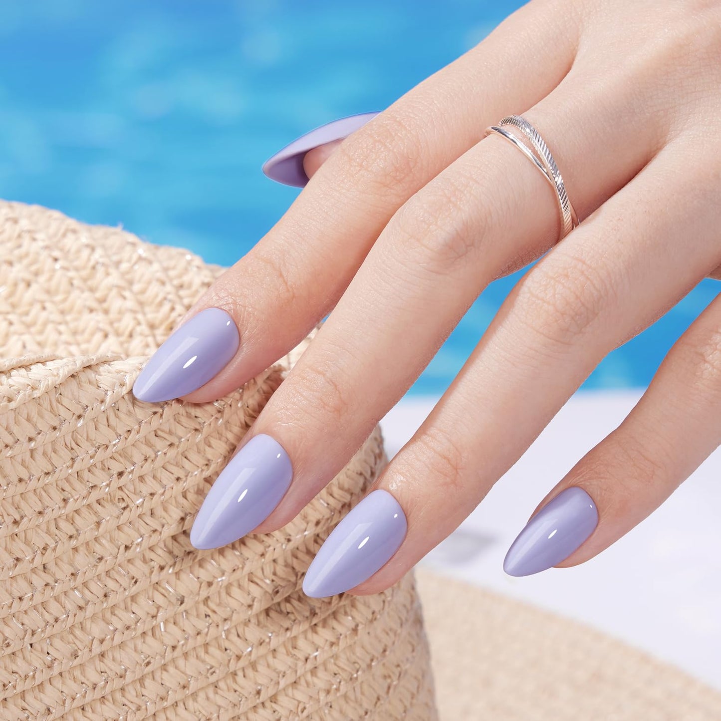 VSALON Press on Nails Short Almond - Pastel Blue Spring Summer Fake Nails Kit for Women, Opaque Reusable Salon Quality Gel Nails with Glue & Cuticle Oil - 32 PCS Stick On Nails in 16 Sizes