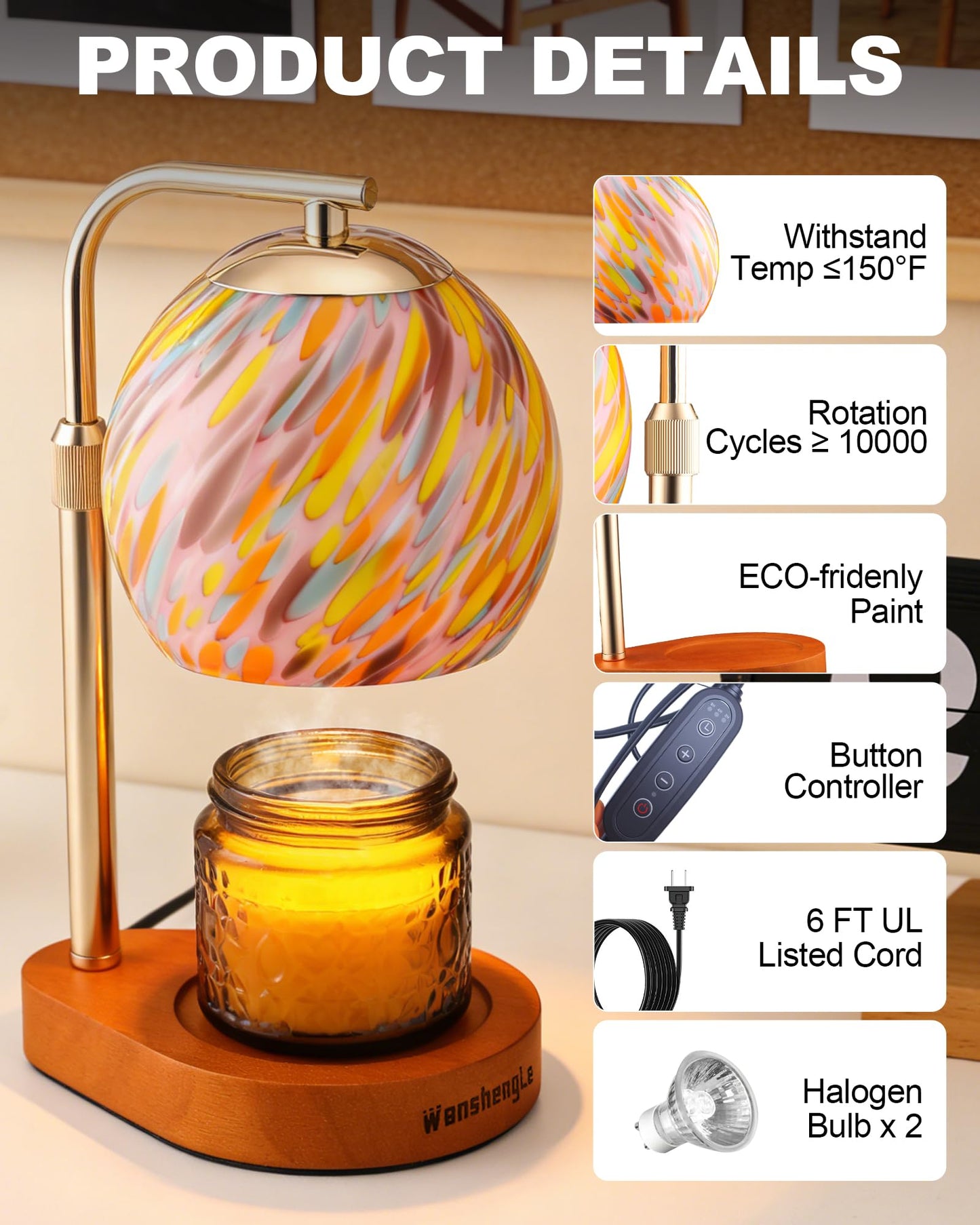 WangshengLe Stained Glass Candle Warmer Lamp Adjustable Height, 7-Level Dimmable Brightness with 2/4/8H Timer, Candle Warmer Light with 2 Bulbs for Women Mom Scented Jar Candles - Gold